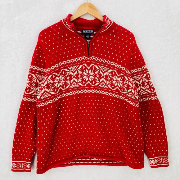 Vintage Lands End Sweater Womens Large Red Snowflake Nordic Quarter Zip Japan - Picture 1 of 13